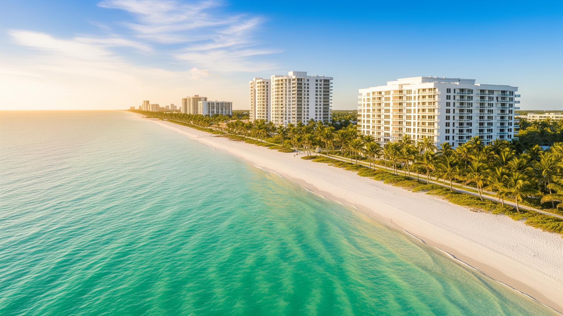 Sunny Southwest Florida coastline with palm trees and white beachfront buildings